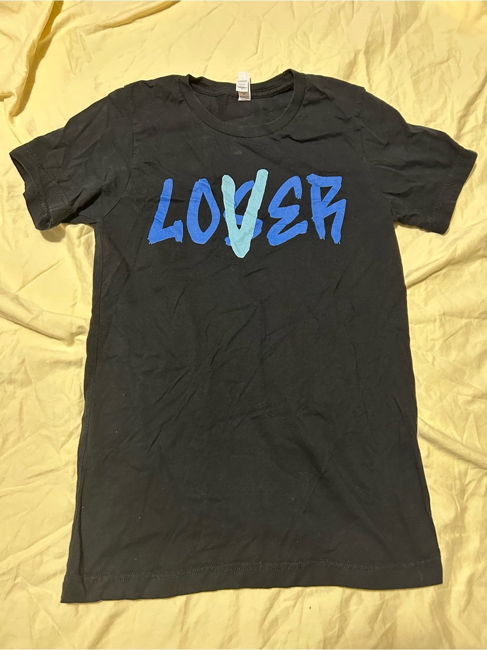 Black 'LOVER' Graphic Tee with Blue Lettering